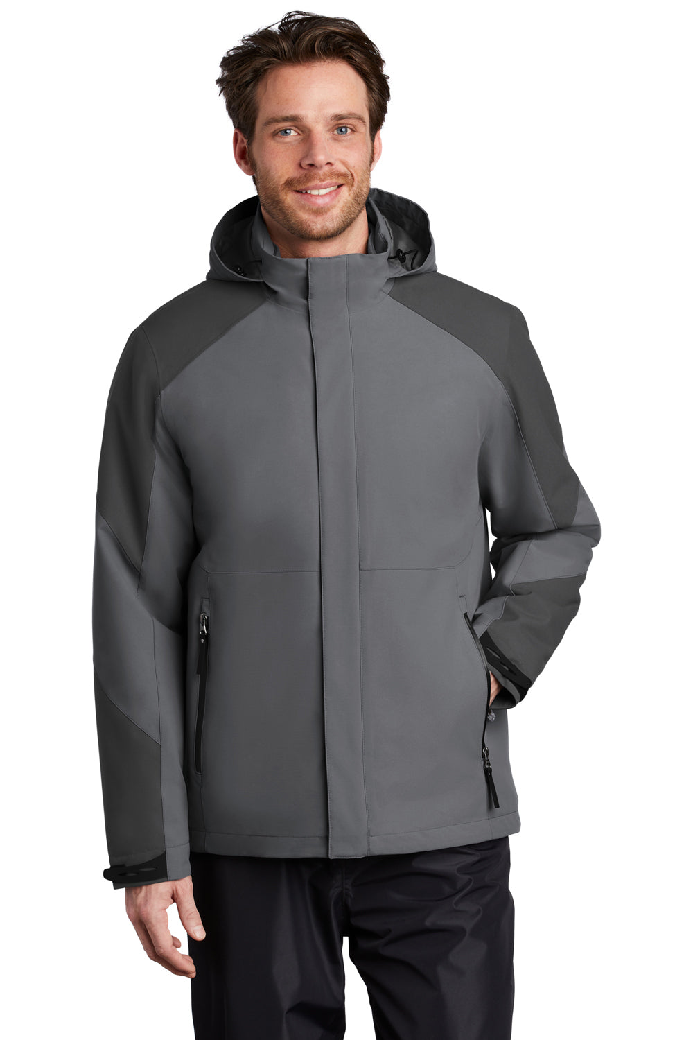 Port Authority J405 Mens Tech Windproof & Waterproof Full Zip Hooded Jacket Shadow Grey/Storm Grey Model Front