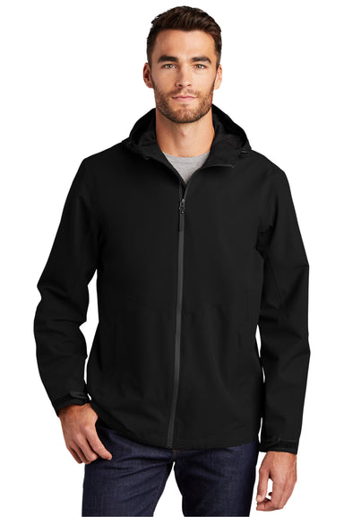 Port Authority J406 Mens Tech Wind & Water Resistant Full Zip Hooded Rain Jacket Deep Black Model Front