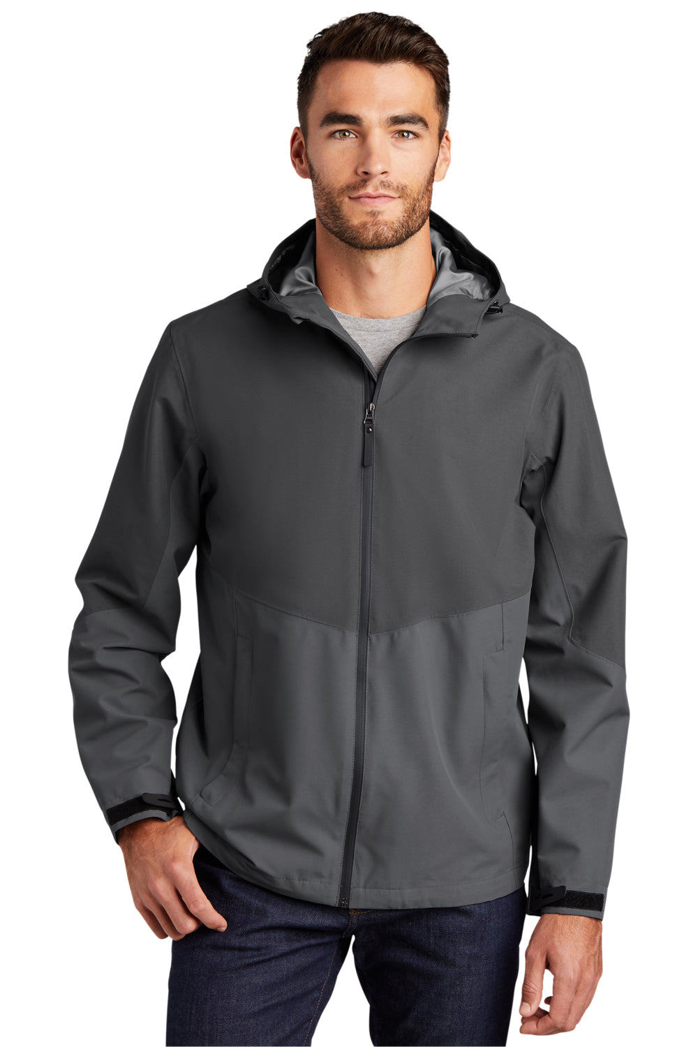 Port Authority J406 Mens Tech Wind & Water Resistant Full Zip Hooded Rain Jacket Storm Grey/Shadow Grey Model Front