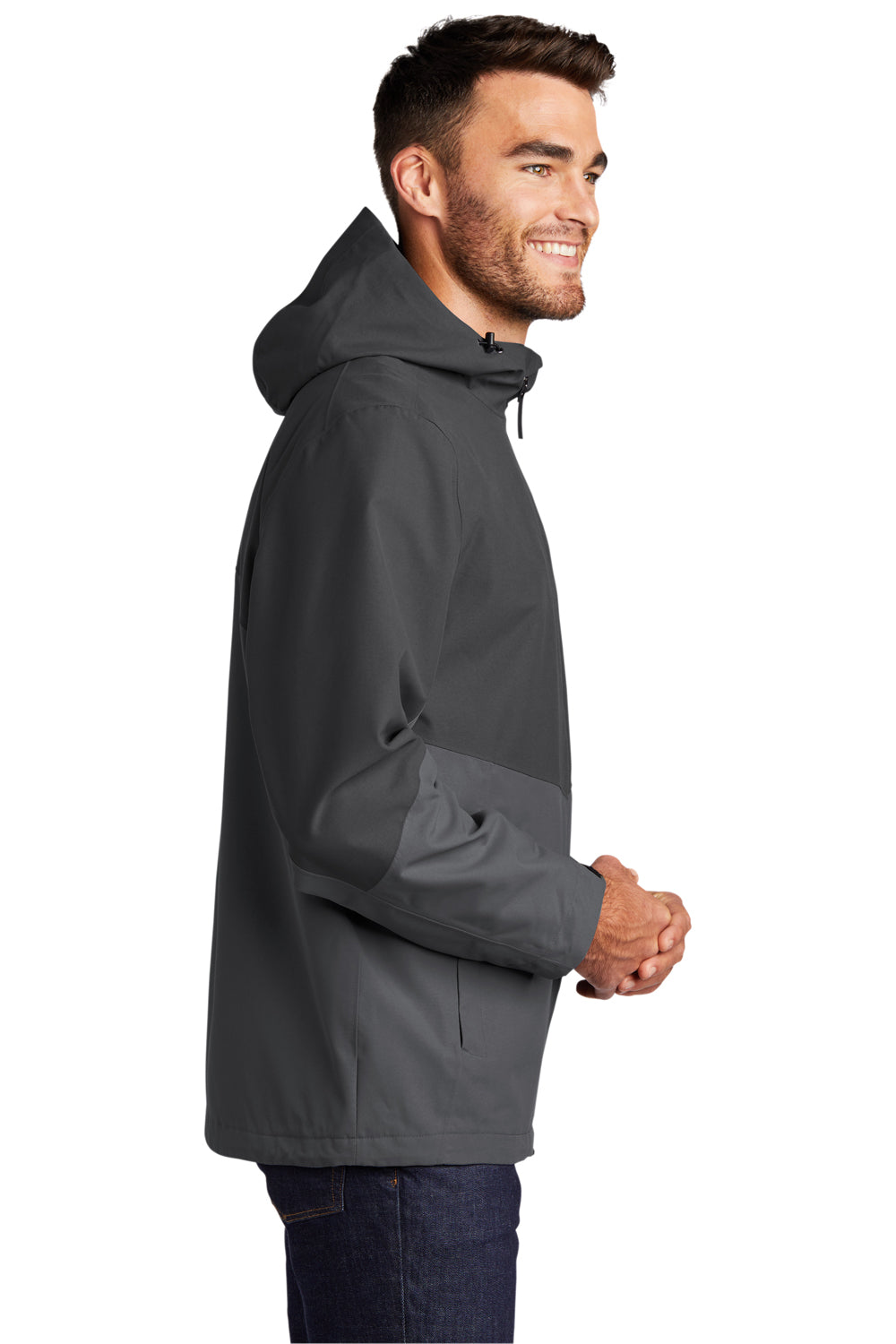 Port Authority J406 Mens Tech Wind & Water Resistant Full Zip Hooded Rain Jacket Storm Grey/Shadow Grey Model Side