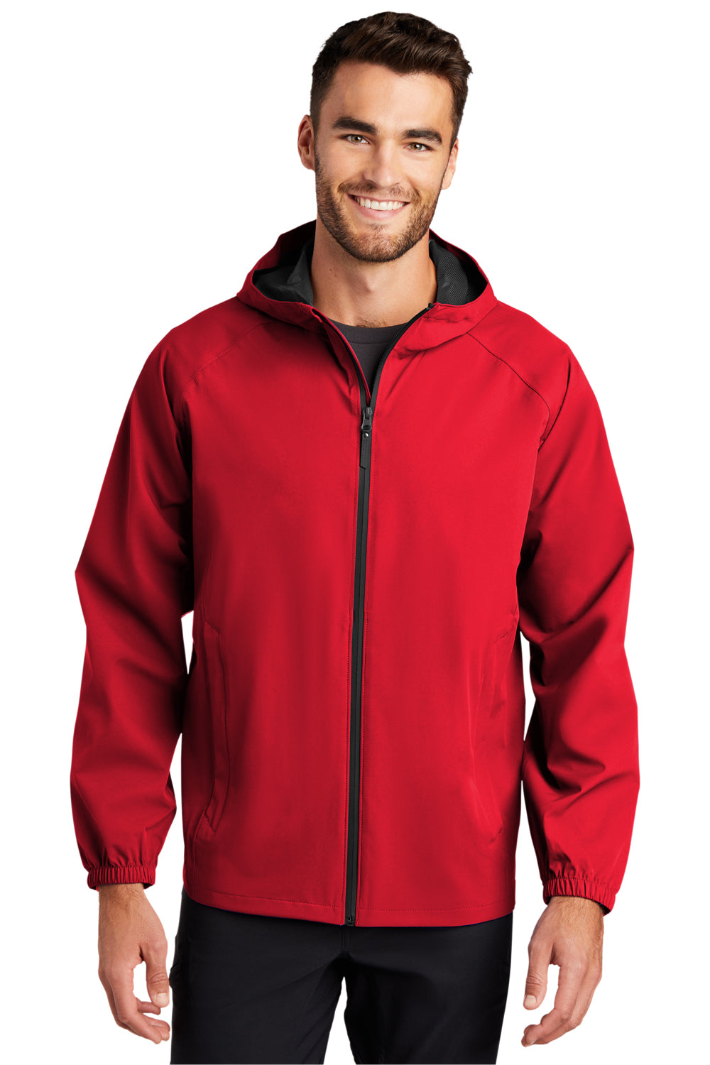 Port Authority J407 Mens Essential Waterproof Full Zip Hooded Rain Jacket Deep Red Model Front