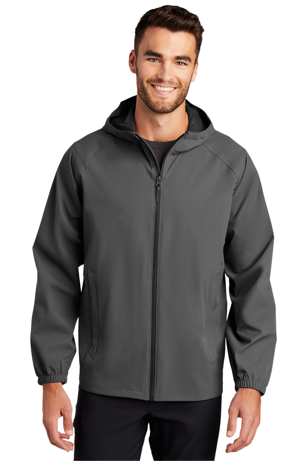 Port Authority J407 Mens Essential Waterproof Full Zip Hooded Rain Jacket Graphite Grey Model Front