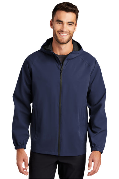 Port Authority J407 Mens Essential Waterproof Full Zip Hooded Rain Jacket True Navy Blue Model Front