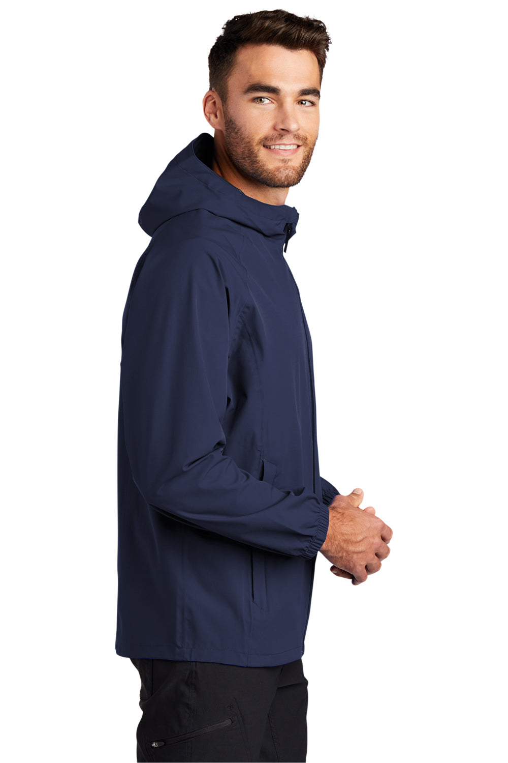 Port Authority J407 Mens Essential Waterproof Full Zip Hooded Rain Jacket True Navy Blue Model Side