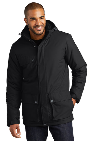 Port Authority J599 Mens Excursion Water Resistant Full Zip Hooded Parka Deep Black Model Front