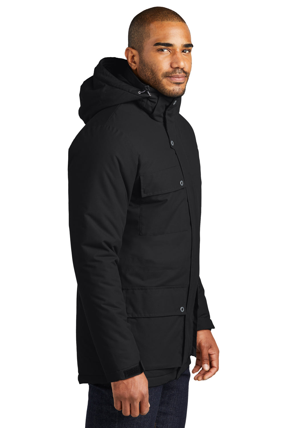 Port Authority J599 Mens Excursion Water Resistant Full Zip Hooded Parka Deep Black Model Side