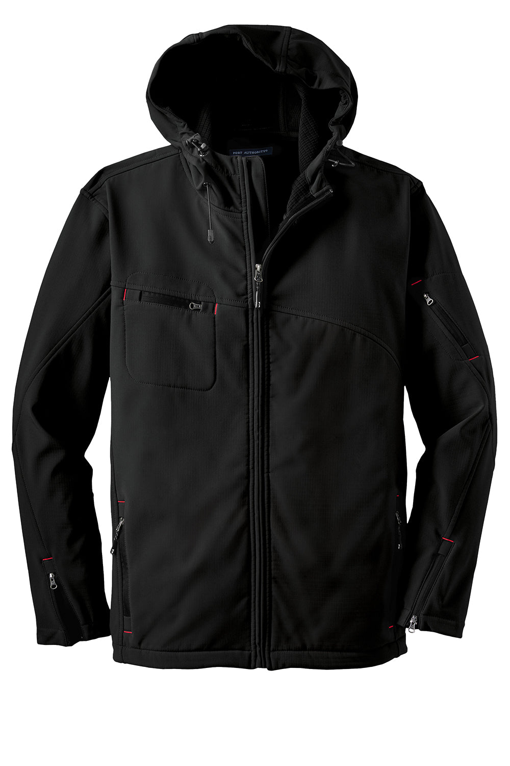 Port Authority J706 Mens Wind & Water Resistant Full Zip Hooded Jacket Black/Engine Red Flat Front