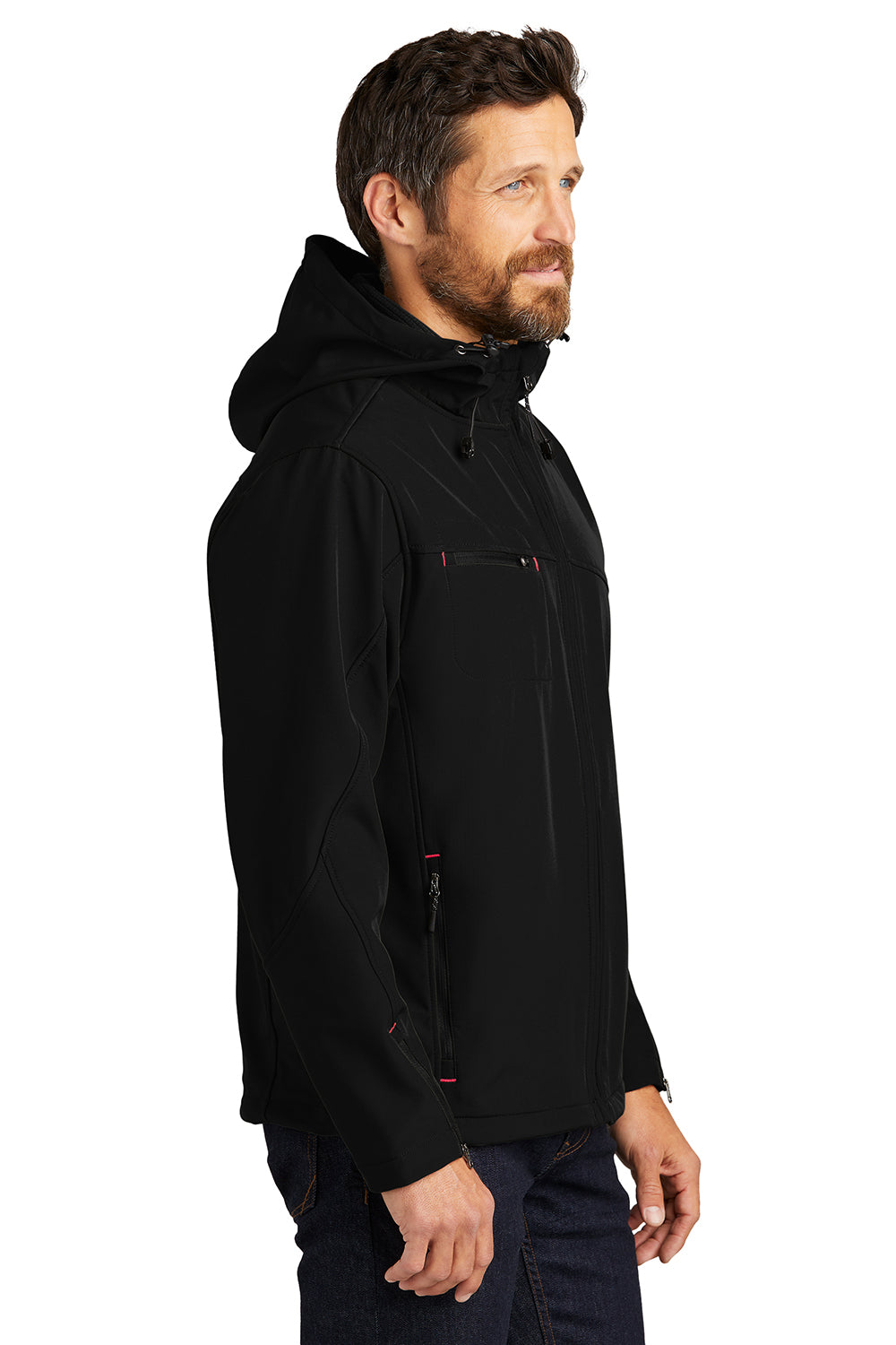 Port Authority J706 Mens Wind & Water Resistant Full Zip Hooded Jacket Black/Engine Red Model Side