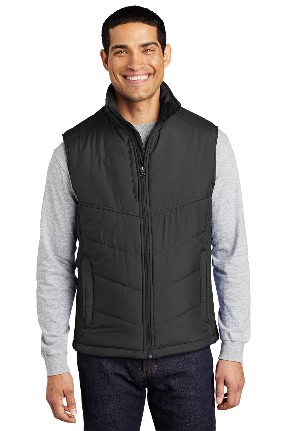 Port Authority J709 Mens Wind & Water Resistant Full Zip Puffy Vest Black Model Front