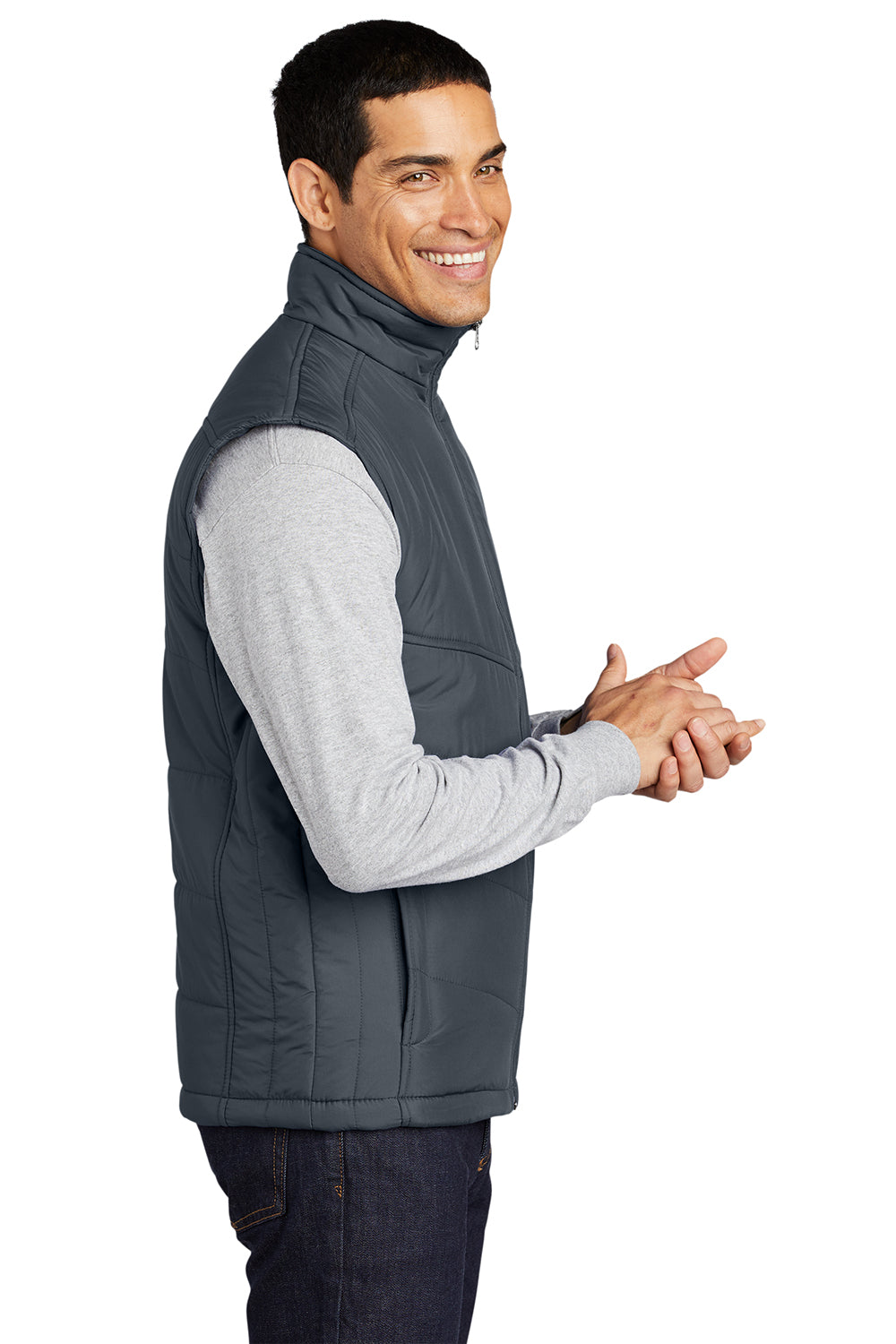 Port Authority J709 Mens Wind & Water Resistant Full Zip Puffy Vest Slate Grey Model Side