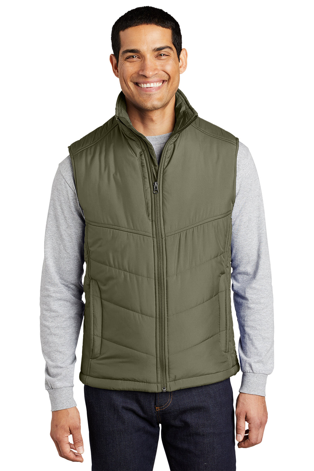 Port Authority J709 Mens Wind & Water Resistant Full Zip Puffy Vest Olive Green Model Front