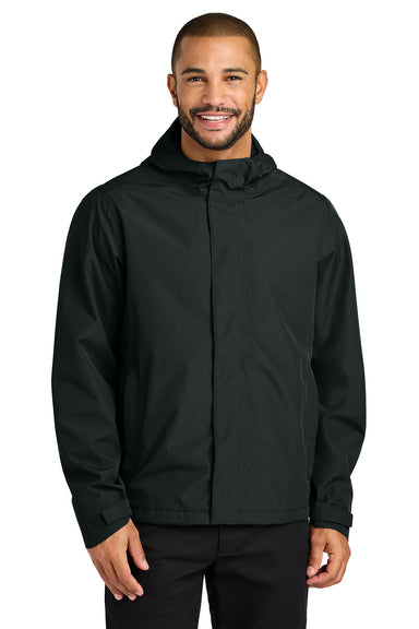 Port Authority J714 Mens C-FREE Full Zip Hooded Rain Jacket Deep Black Model Front