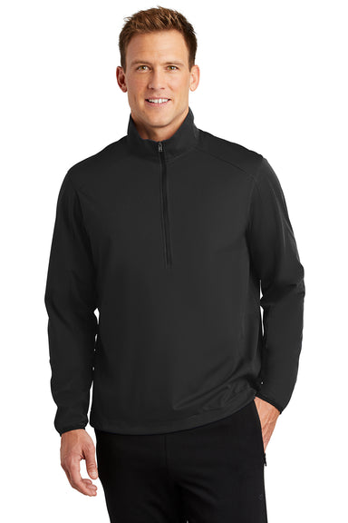 Port Authority J716 Mens Active Wind & Water Resistant 1/4 Zip Jacket Deep Black Model Front