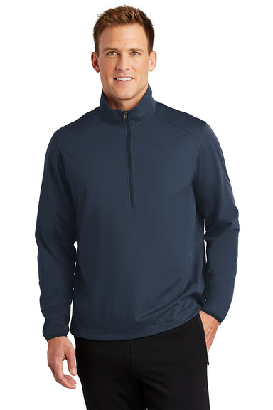 Port Authority J716 Mens Active Wind & Water Resistant 1/4 Zip Jacket Dress Navy Blue Model Front