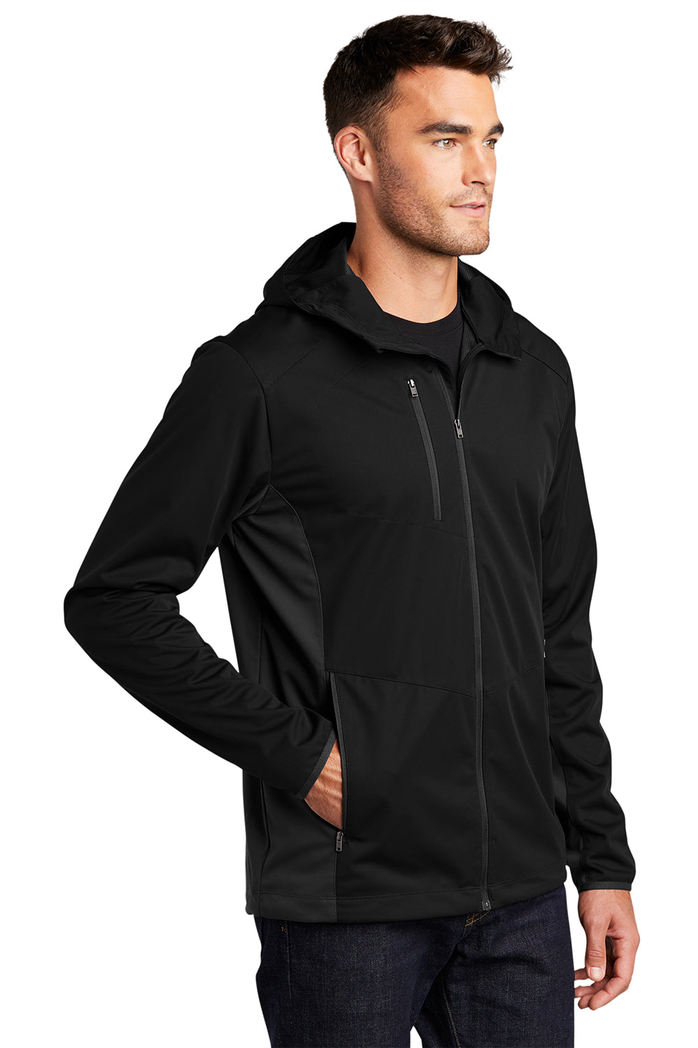 Port Authority J719 Mens Active Wind & Water Resistant Full Zip Hooded Jacket Deep Black Model 3q