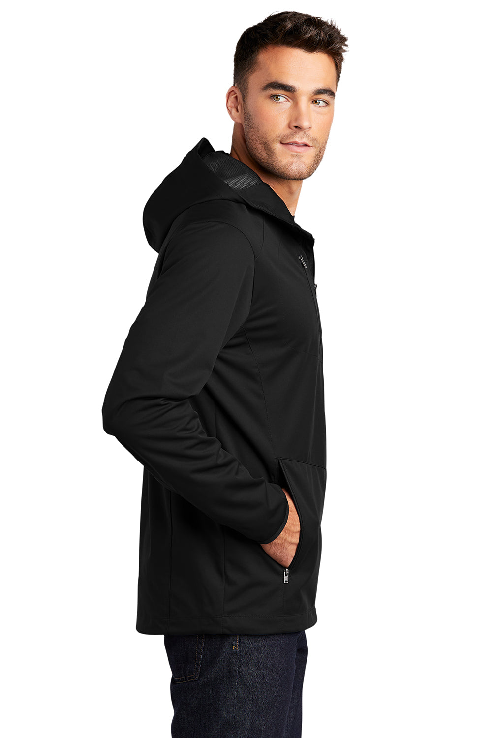 Port Authority J719 Mens Active Wind & Water Resistant Full Zip Hooded Jacket Deep Black Model Side