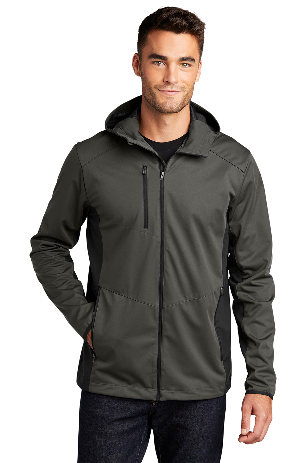 Port Authority J719 Mens Active Wind & Water Resistant Full Zip Hooded Jacket Steel Grey/Deep Black Model Front