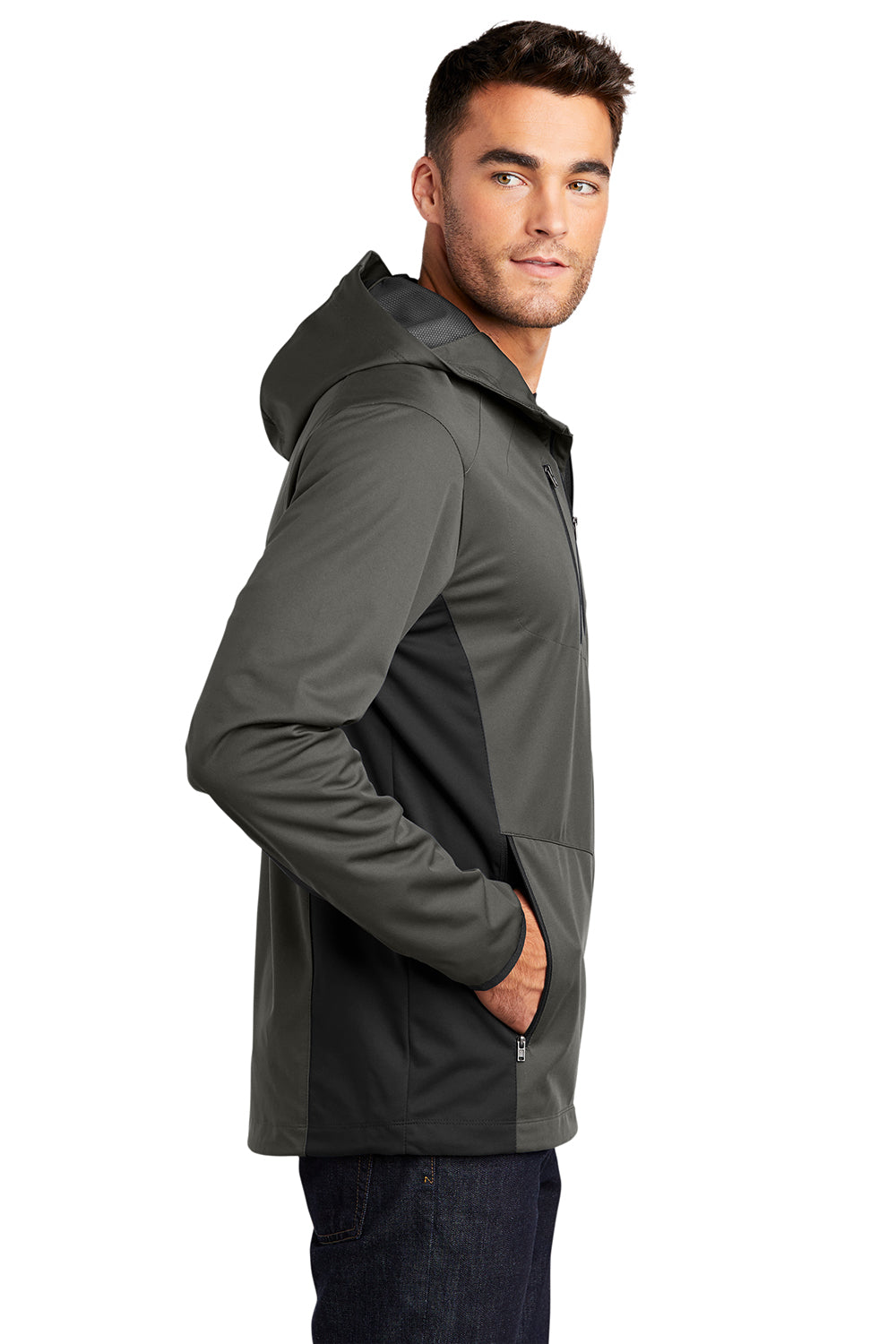 Port Authority J719 Mens Active Wind & Water Resistant Full Zip Hooded Jacket Steel Grey/Deep Black Model Side