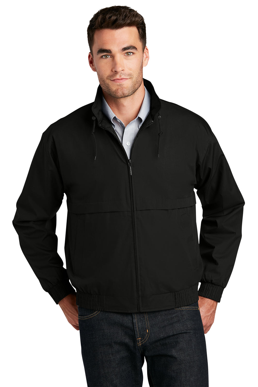 Port Authority J753 Mens Classic Poplin Wind & Water Resistant Full Zip Jacket Black Model Front