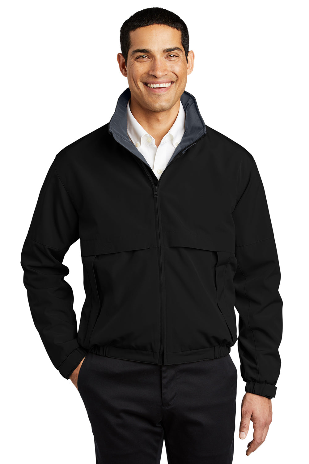 Port Authority J764/TLJ764 Mens Legacy Wind & Water Resistant Full Zip Hooded Jacket Black/Steel Grey Model Front