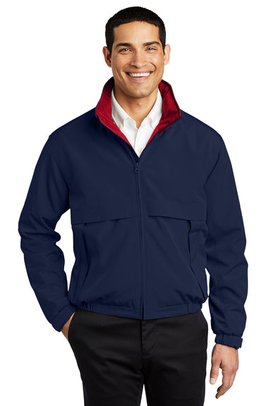 Port Authority J764/TLJ764 Mens Legacy Wind & Water Resistant Full Zip Hooded Jacket Dark Navy Blue/Red Model Front