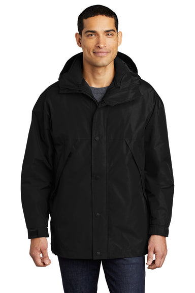 Port Authority J777 Mens 3-in-1 Wind & Water Resistant Full Zip Hooded Jacket Black Model Front