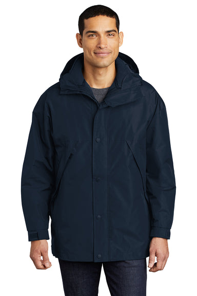 Port Authority J777 Mens 3-in-1 Wind & Water Resistant Full Zip Hooded Jacket Navy Blue Model Front