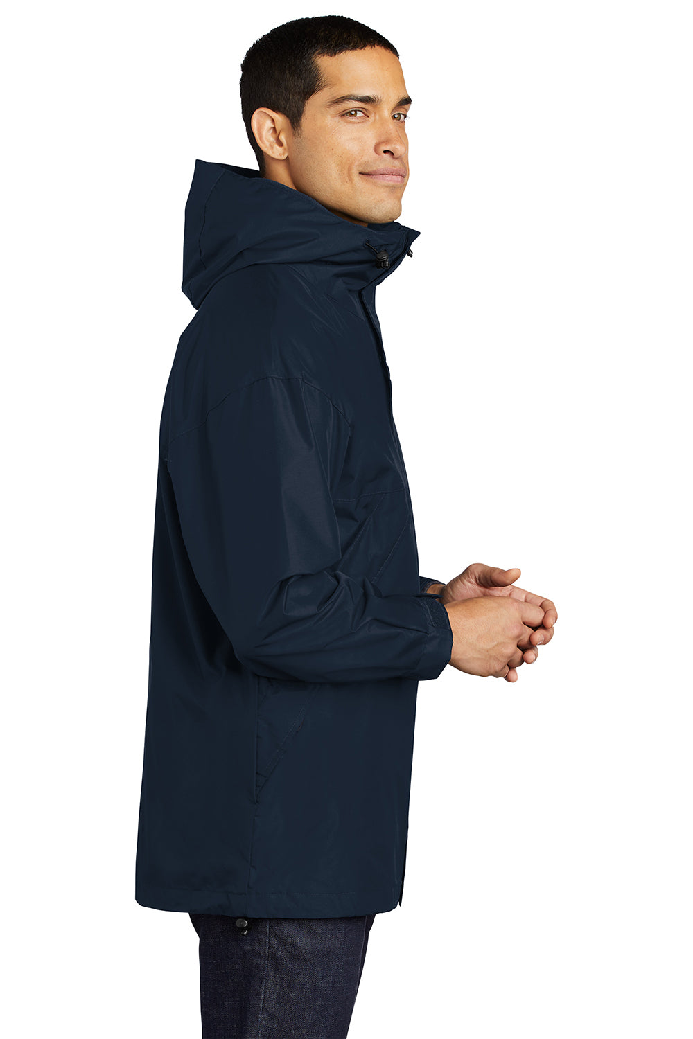 Port Authority J777 Mens 3-in-1 Wind & Water Resistant Full Zip Hooded Jacket Navy Blue Model Side