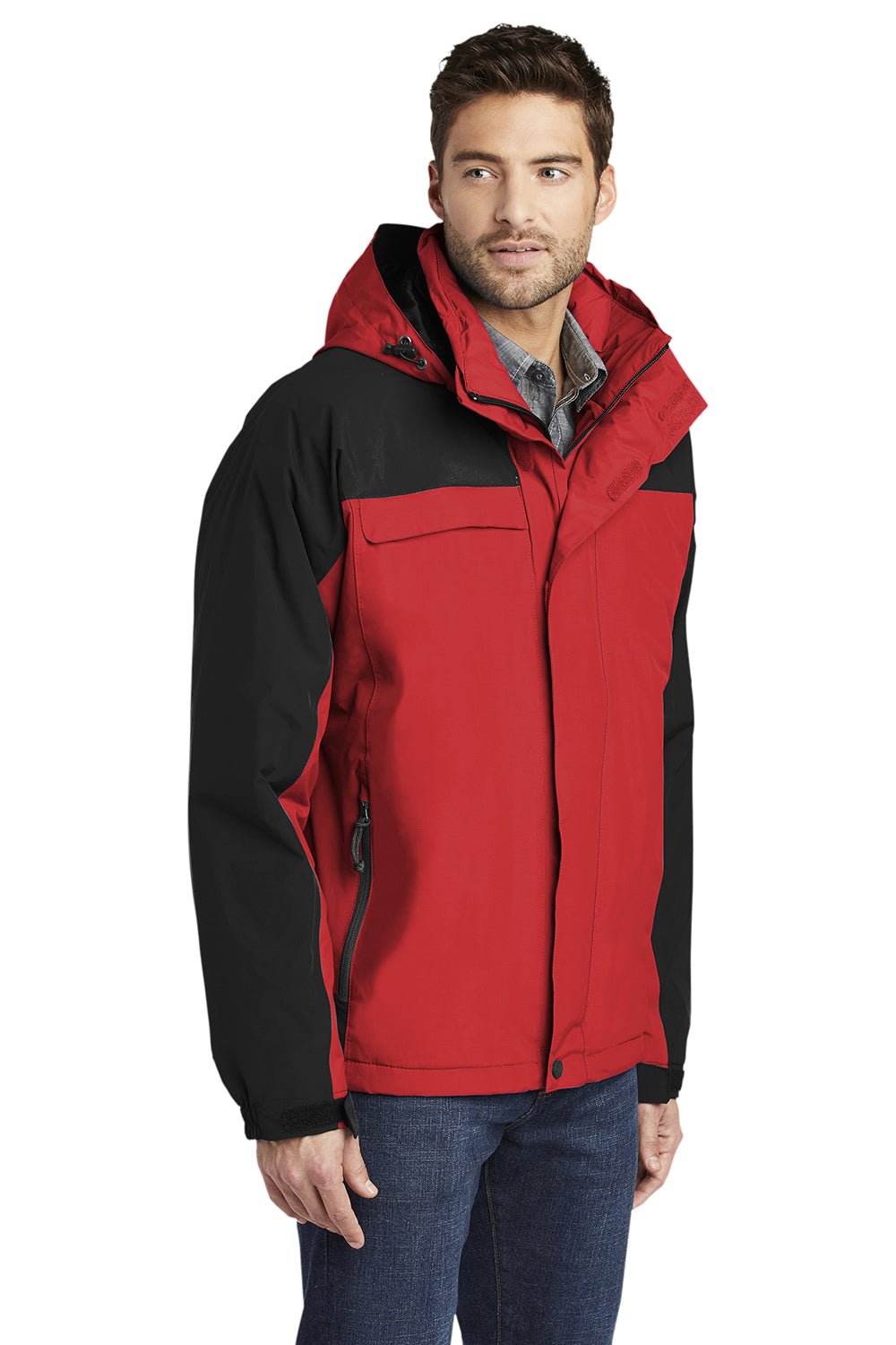 Port Authority J792/TLJ792 Mens Nootka Waterproof Full Zip Hooded Jacket Engine Red/Black Model 3q