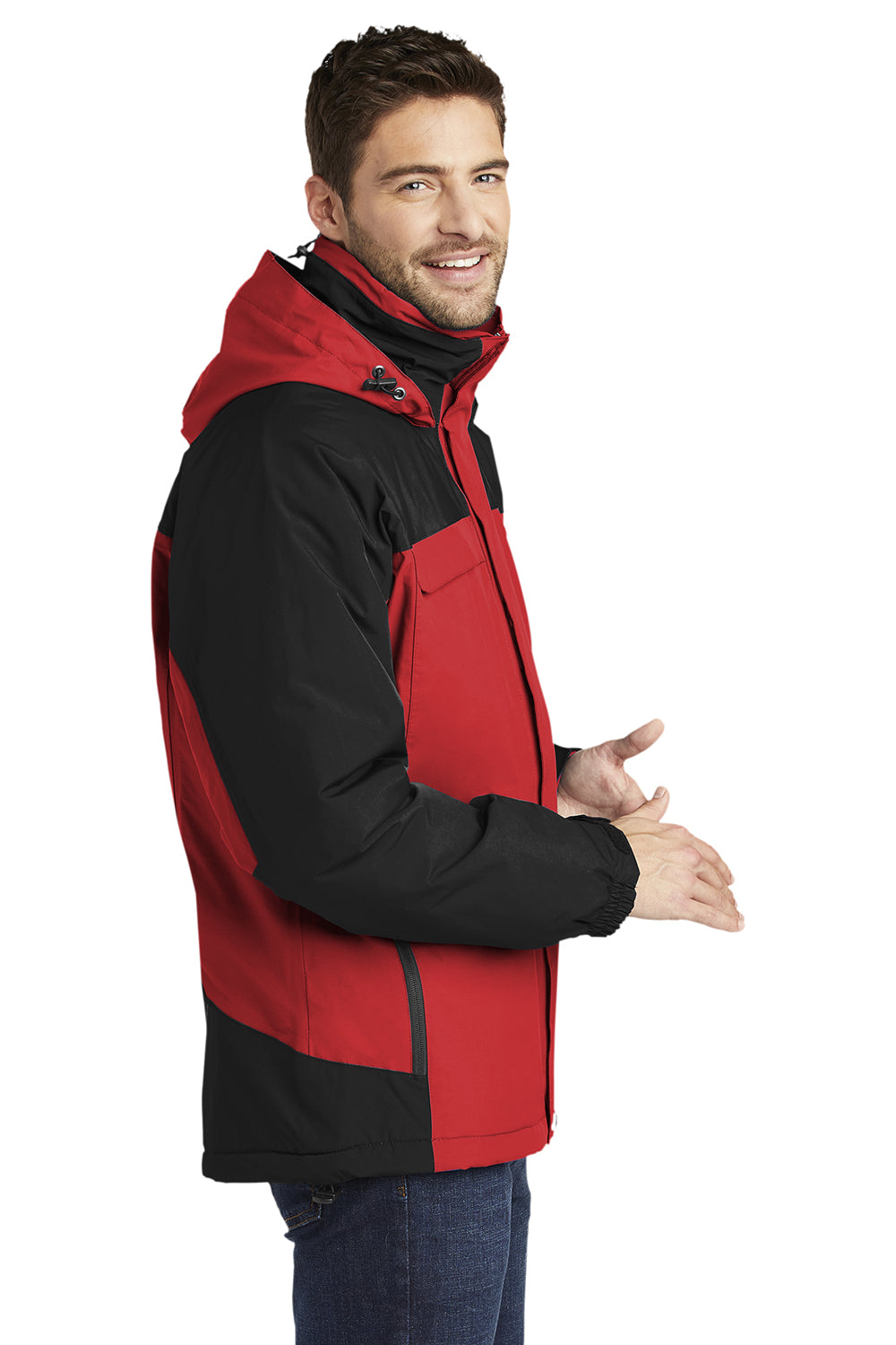 Port Authority J792/TLJ792 Mens Nootka Waterproof Full Zip Hooded Jacket Engine Red/Black Model Side