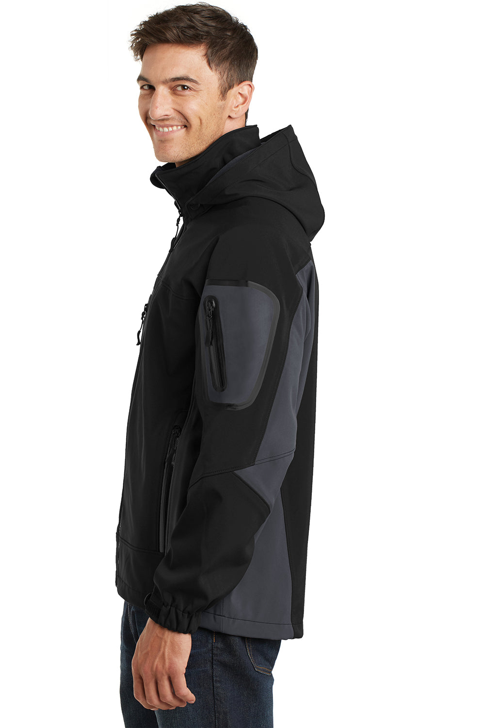 Port Authority J798/TLJ798 Mens Waterproof Full Zip Hooded Jacket Black/Graphite Grey Model Side