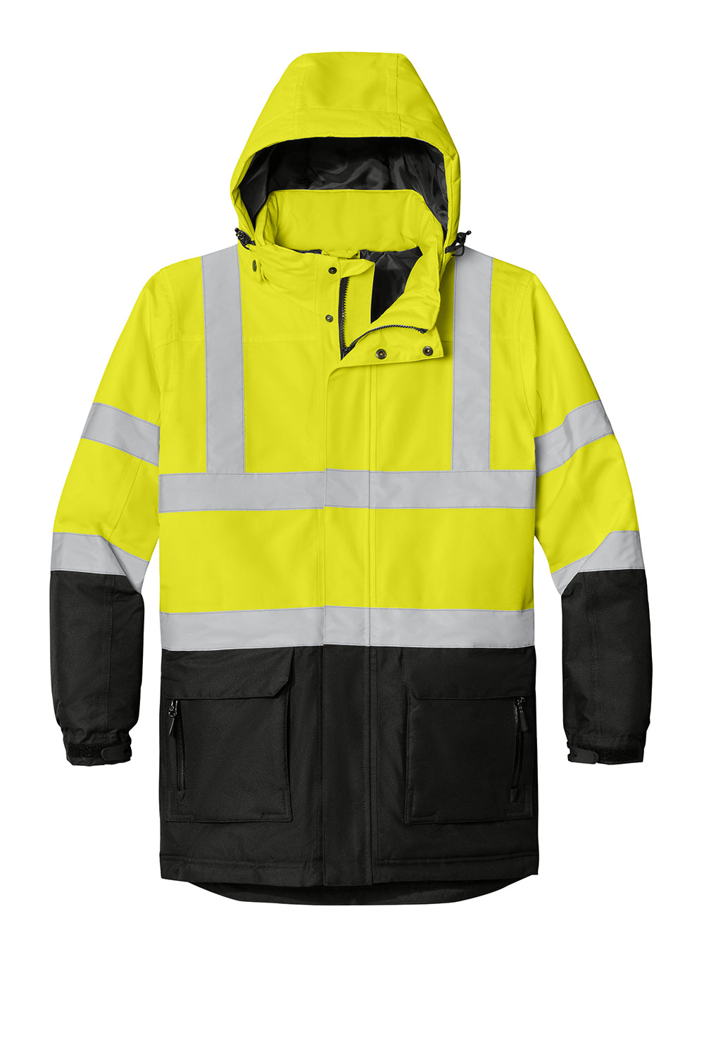 Port Authority J799S Mens Waterproof Full Zip Hooded Jacket Safety Yellow/Black Flat Front