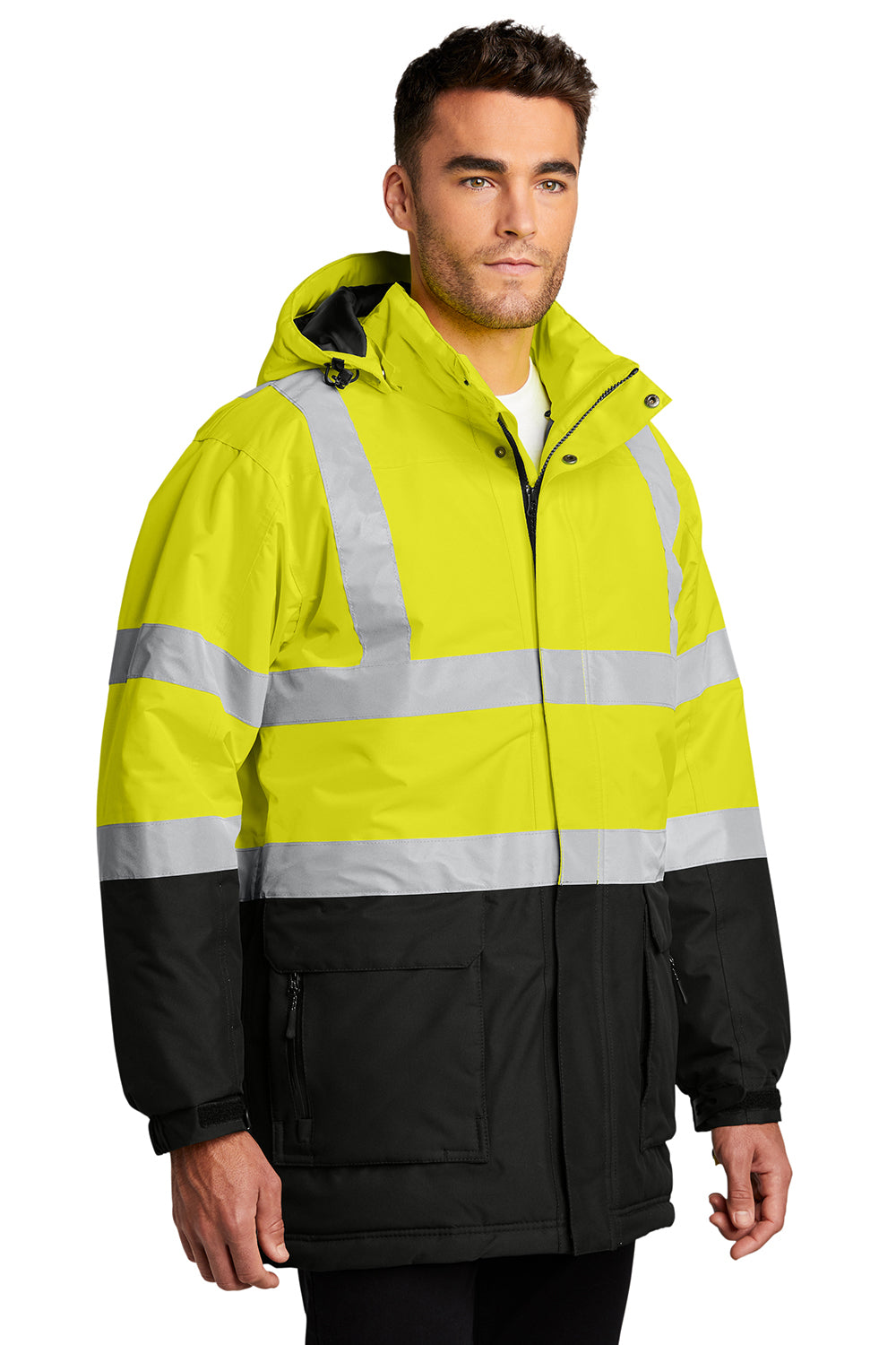 Port Authority J799S Mens Waterproof Full Zip Hooded Jacket Safety Yellow/Black Model 3q