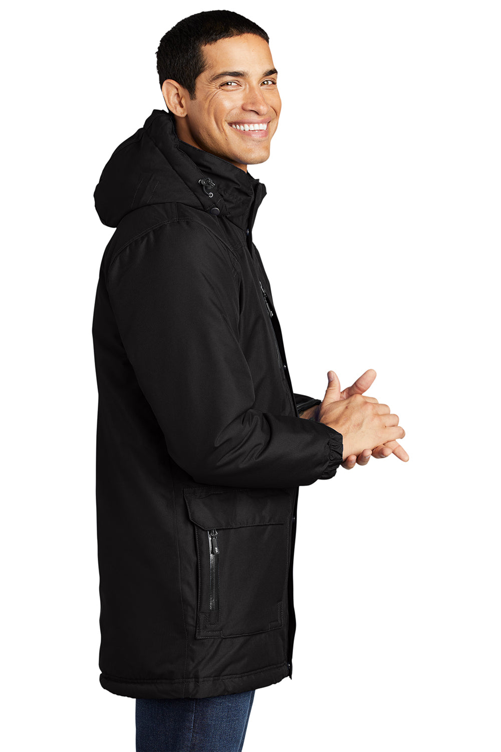 Port Authority J799 Mens Waterproof Full Zip Hooded Jacket Black Model Side