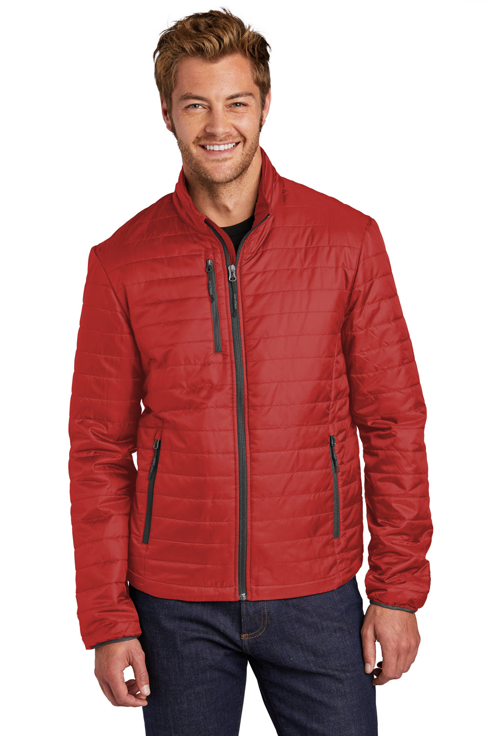 Port Authority J850 Mens Water Resistant Packable Puffy Full Zip Jacket Fire Red/Graphite Grey Model Front