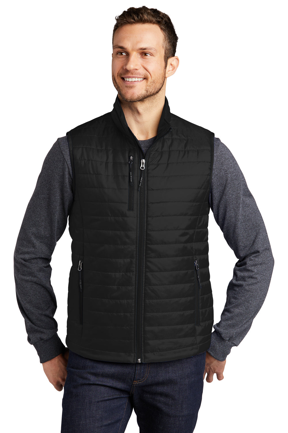 Port Authority J851 Mens Water Resistant Packable Puffy Full Zip Vest Deep Black Model Front