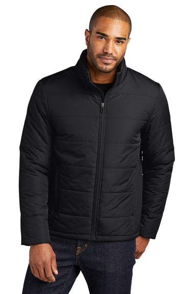 Port Authority J852 Mens Water Resistant Full Zip Puffer Jacket Deep Black Model Front