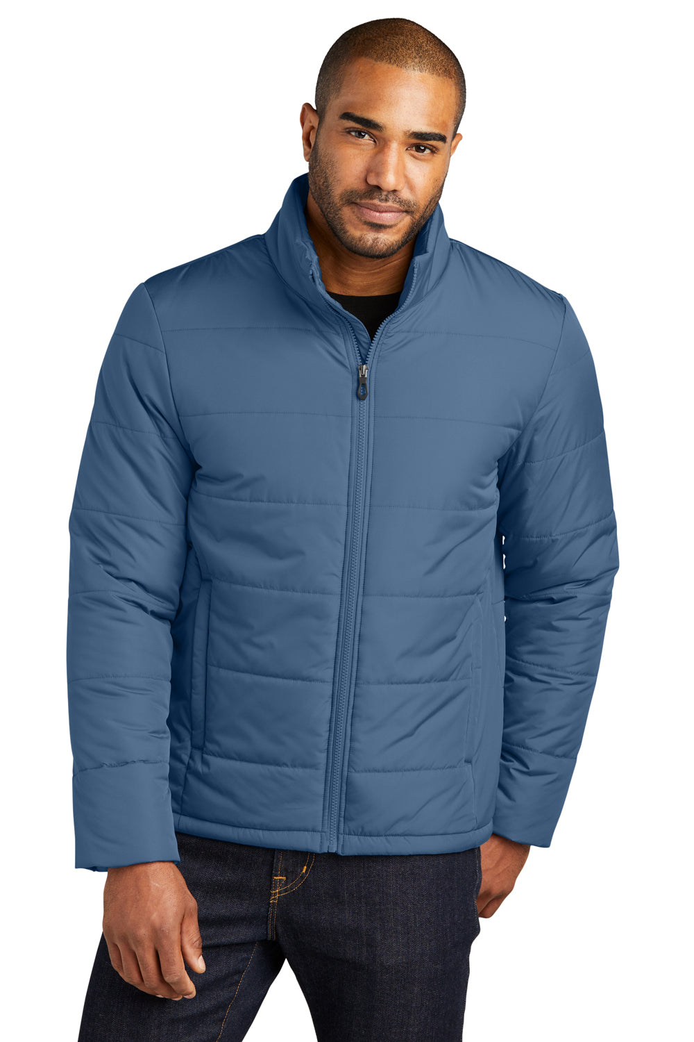 Port Authority J852 Mens Water Resistant Full Zip Puffer Jacket Dusk Blue Model Front