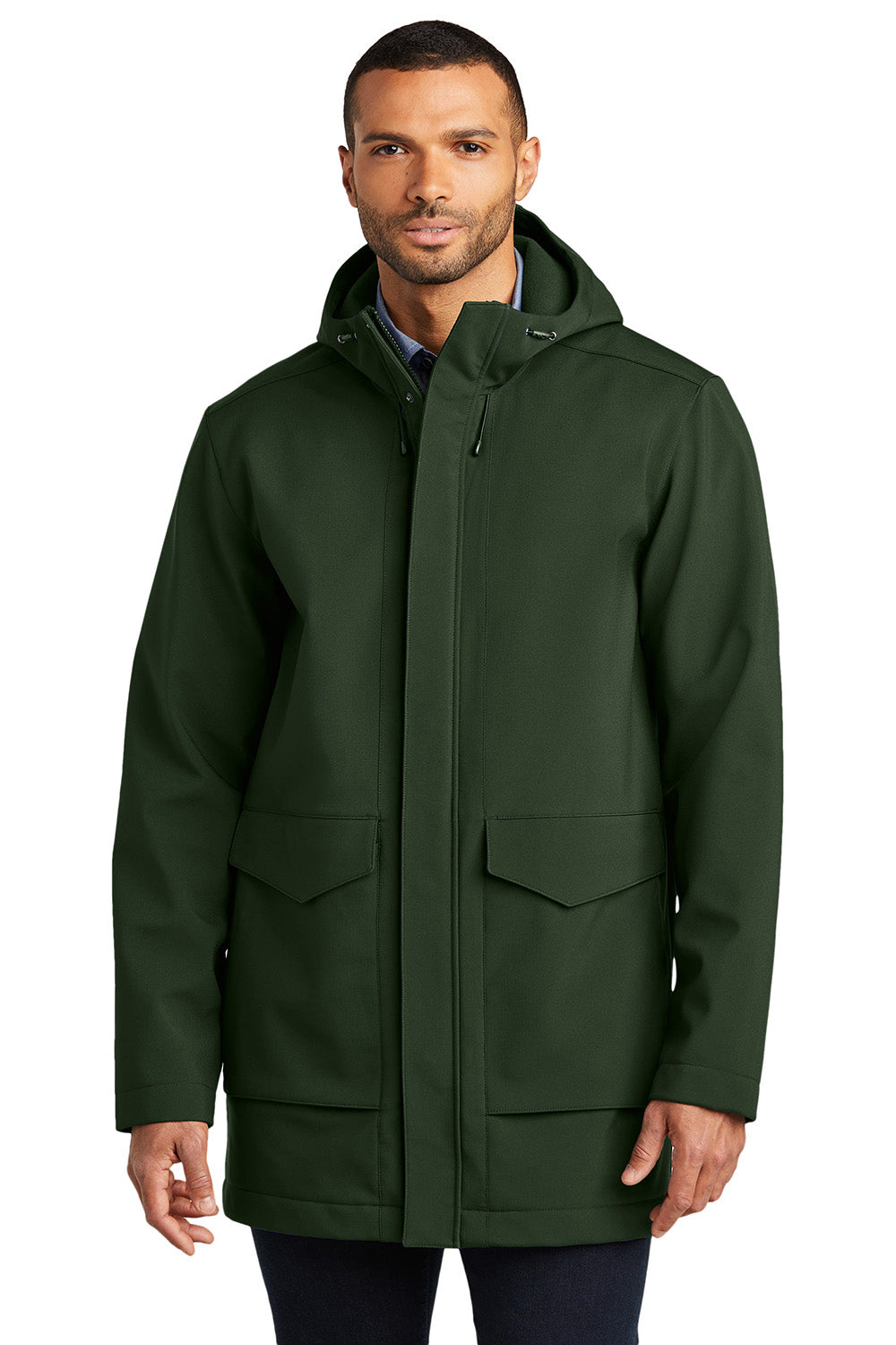 Port Authority J919 Mens Collective Water Resistant Full Zip Hooded Parka Dark Olive Green Model Front