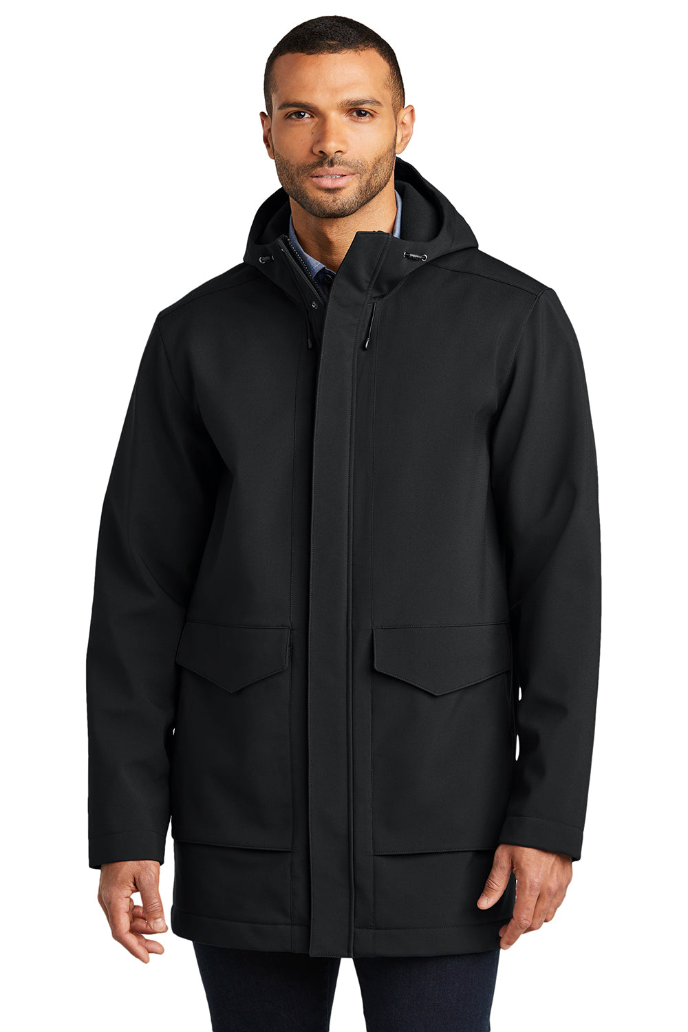 Port Authority J919 Mens Collective Water Resistant Full Zip Hooded Parka Deep Black Model Front