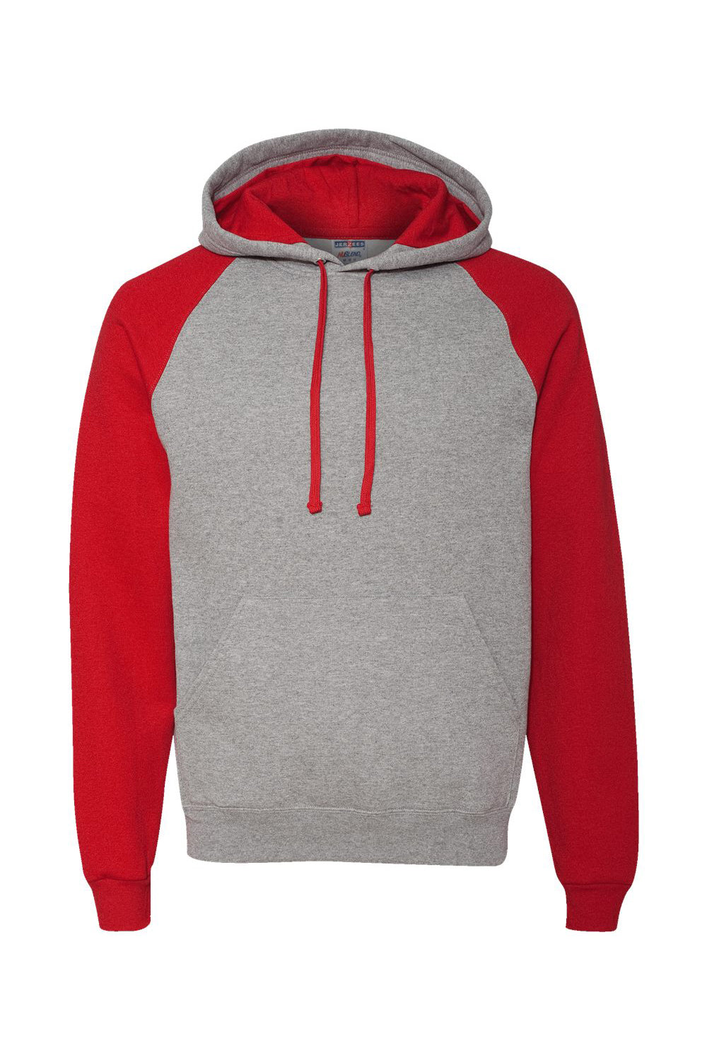 Jerzees 96CR Mens NuBlend Pill Resistant Fleece Hooded Sweatshirt Hoodie w/ Pouch Pocket Oxford Grey/True Red Flat Front