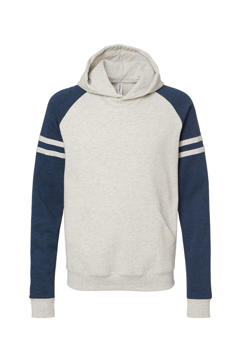 Jerzees 97CR Mens NuBlend Fleece Varsity Colorblock Hooded Sweatshirt Hoodie w/ Pouch Pocket Heather Oatmeal/Indigo Blue Flat Front