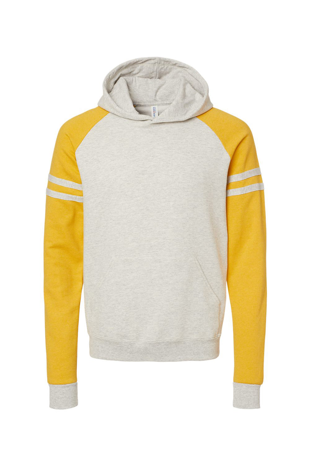 Jerzees 97CR Mens NuBlend Fleece Varsity Colorblock Hooded Sweatshirt Hoodie w/ Pouch Pocket Heather Oatmeal/Mustard Yellow Flat Front