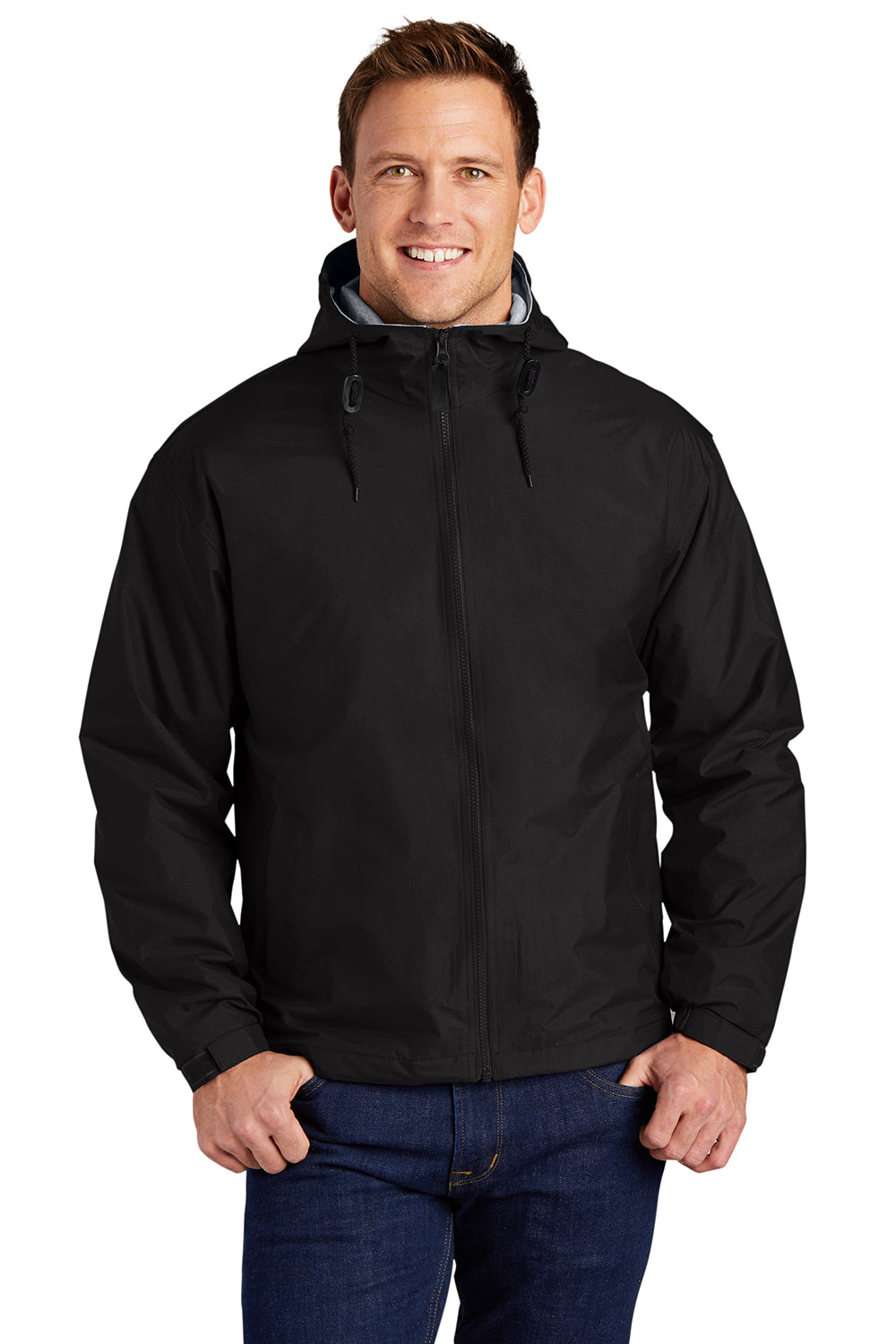 Port Authority JP56 Mens Team Wind & Water Resistant Full Zip Hooded Jacket Black Model Front