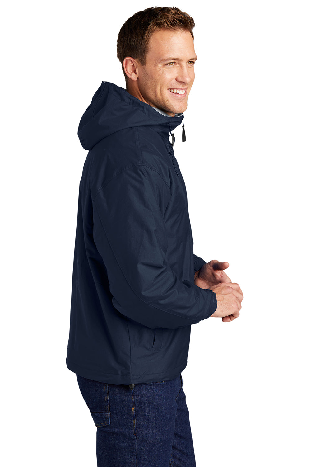 Port Authority JP56 Mens Team Wind & Water Resistant Full Zip Hooded Jacket Bright Navy Blue Model Side