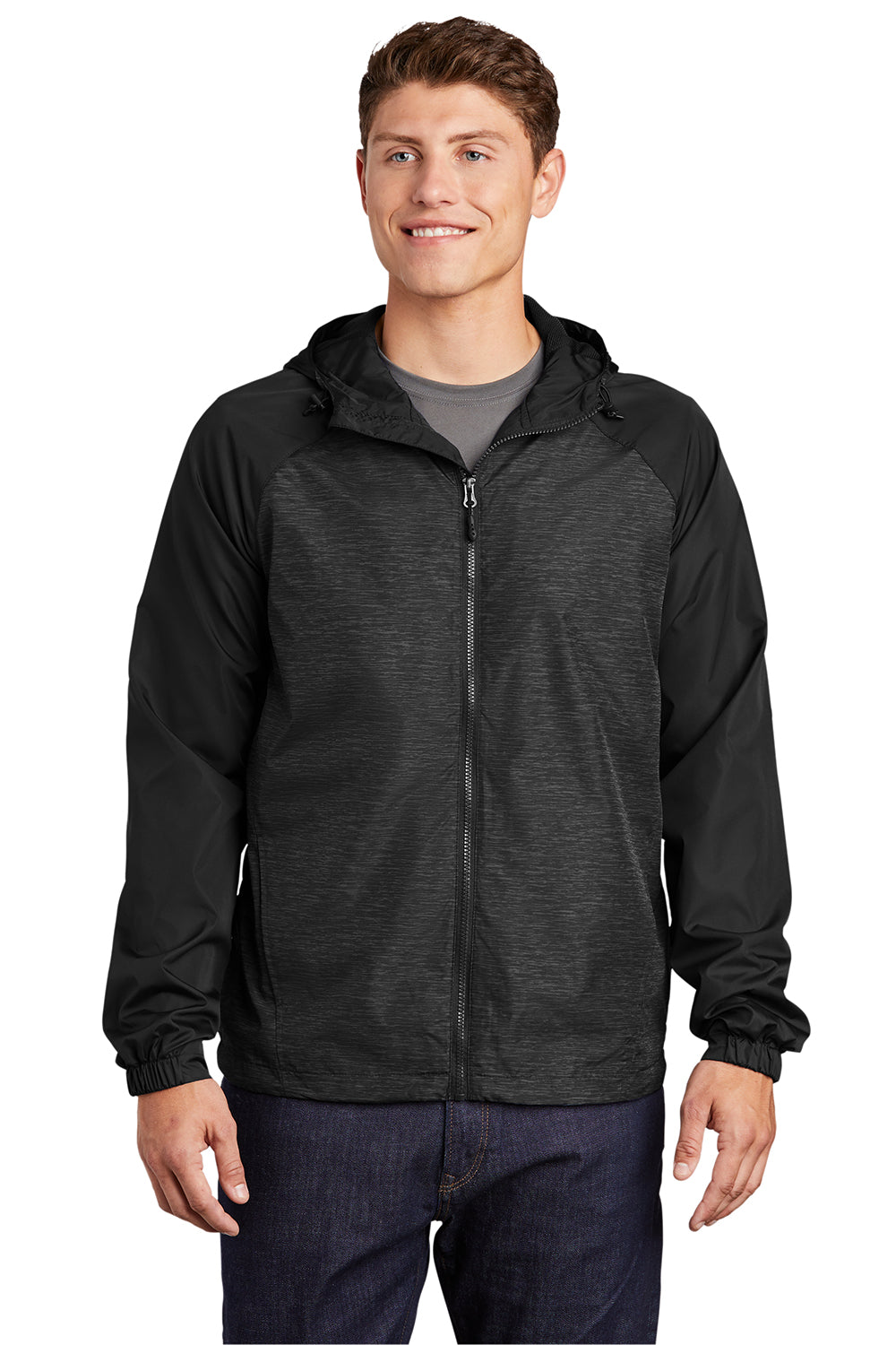 Sport-Tek JST40 Mens Wind & Water Resistant Full Zip Hooded Jacket Heather Black/Black Model Front