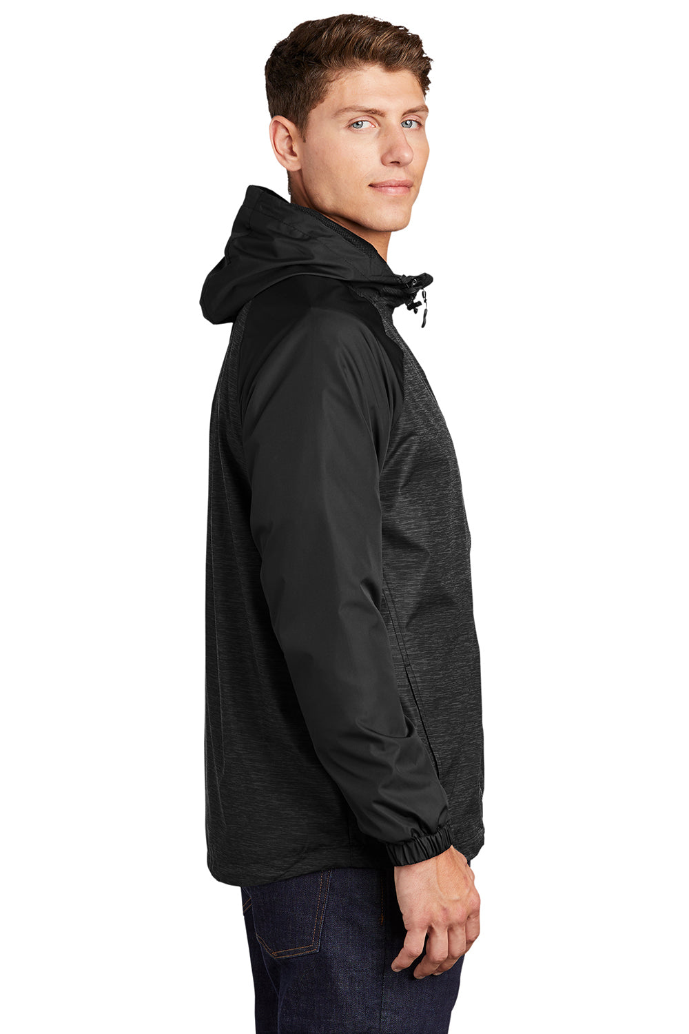 Sport-Tek JST40 Mens Wind & Water Resistant Full Zip Hooded Jacket Heather Black/Black Model Side