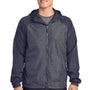 Sport-Tek Mens Wind & Water Resistant Full Zip Hooded Jacket - Heather True Navy Blue/Navy Blue