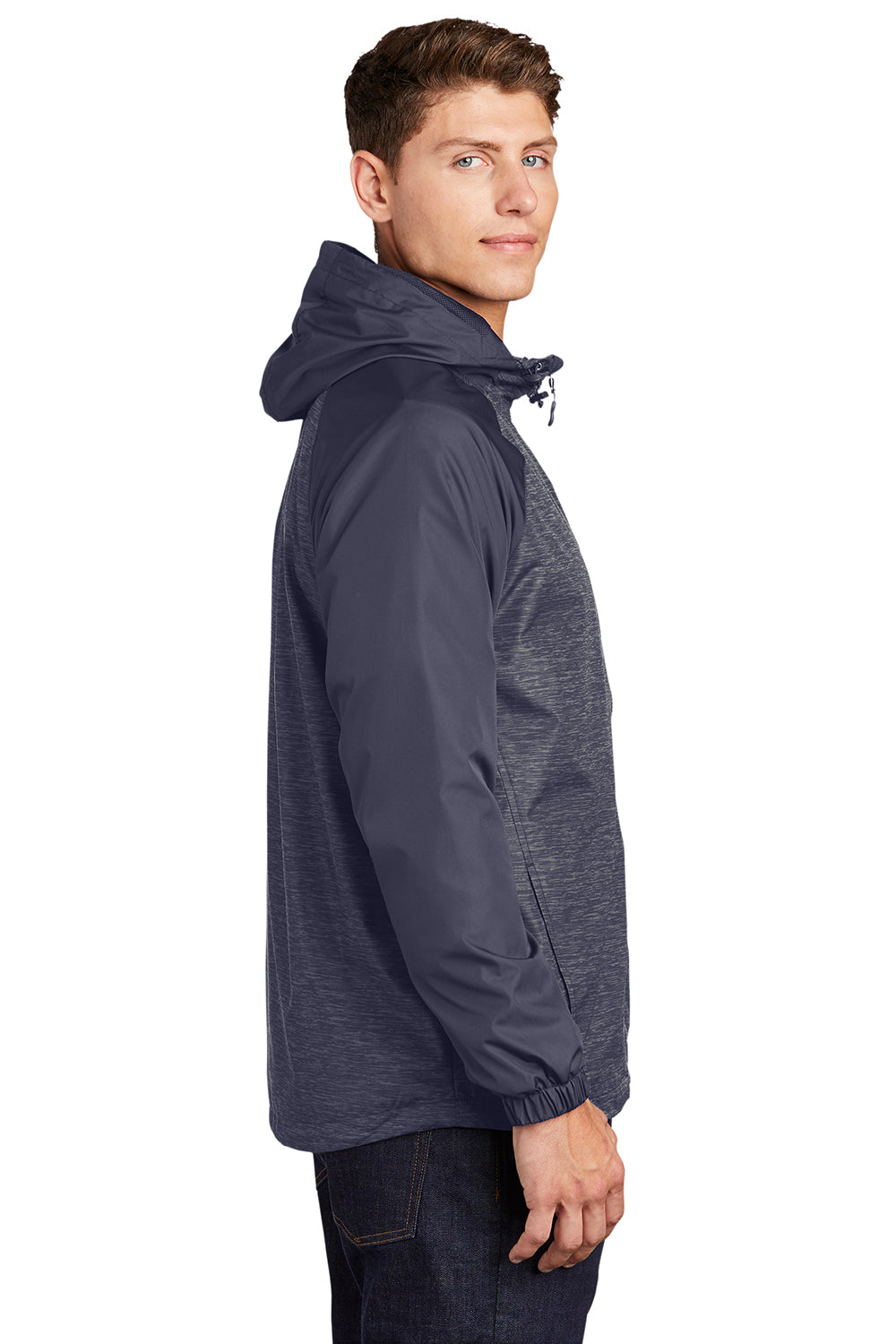 Sport-Tek JST40 Mens Wind & Water Resistant Full Zip Hooded Jacket Heather True Navy Blue/Navy Blue Model Side