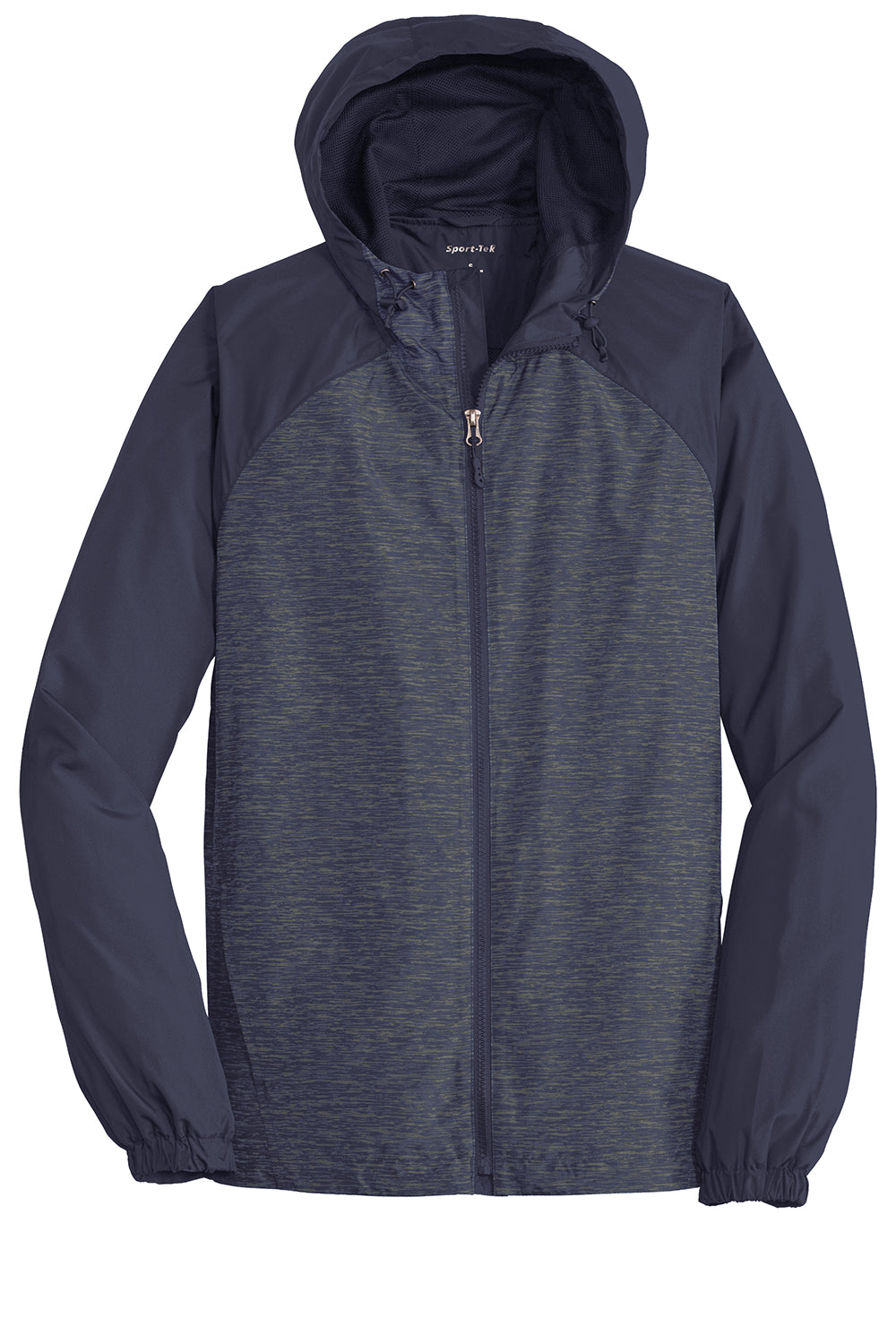 Sport-Tek JST40 Mens Wind & Water Resistant Full Zip Hooded Jacket Heather True Navy Blue/Navy Blue Flat Front